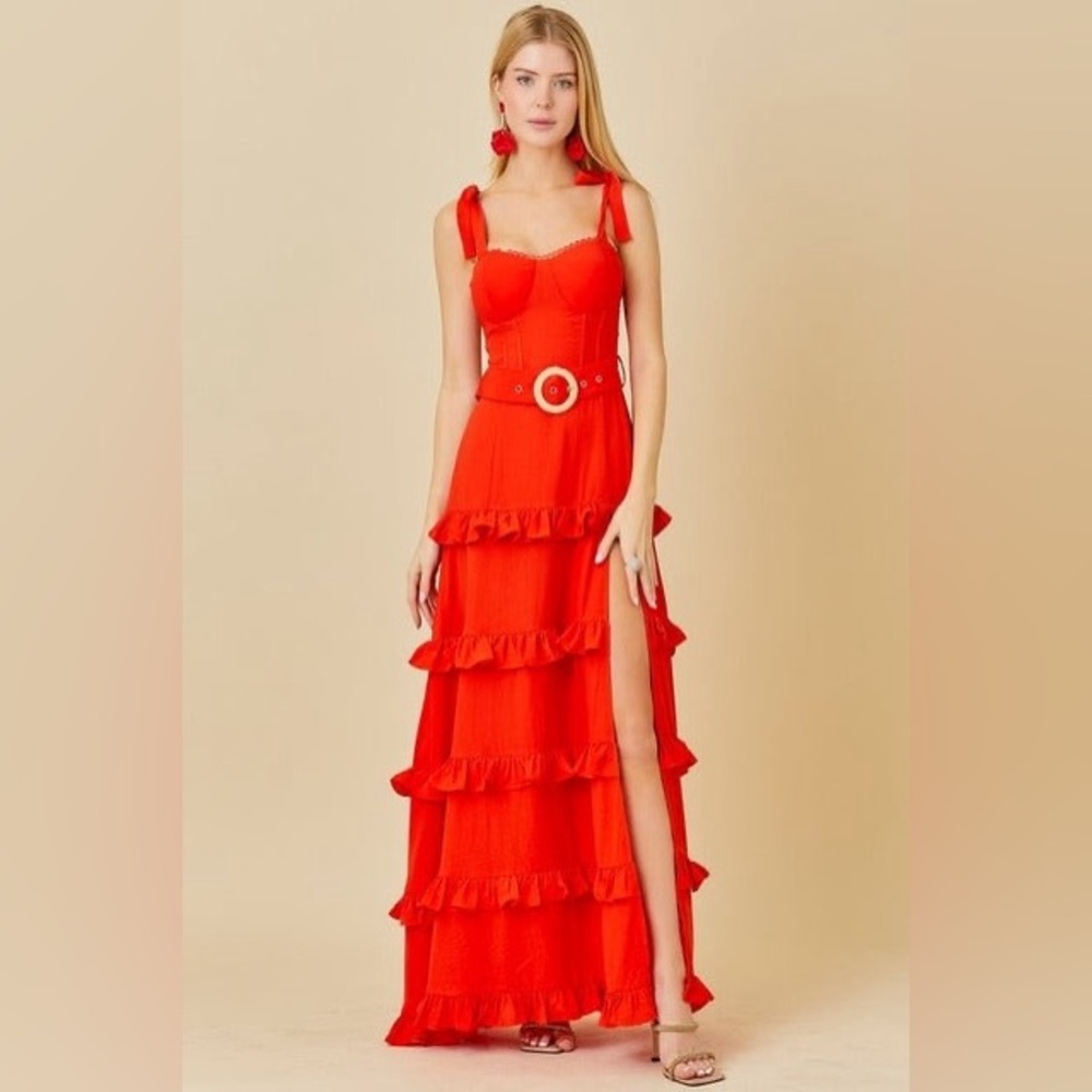 Tie Shoulder Belted Ruffle Maxi Dress - Main Strip